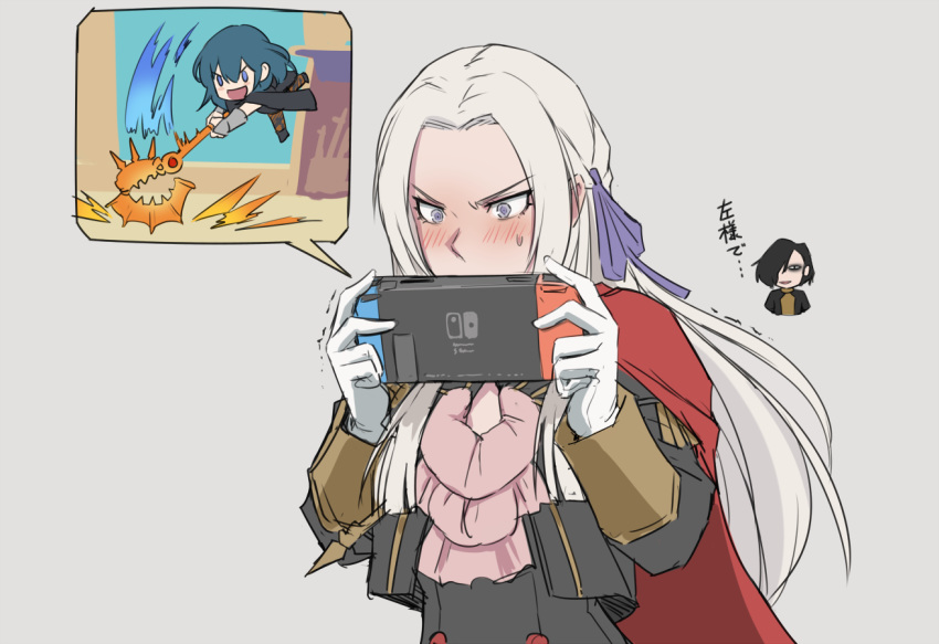 1boy 2girls axe black_cape black_footwear black_hair blue_eyes blue_hair blush byleth_(fire_emblem) byleth_(fire_emblem)_(female) cape chibi commentary_request cravat edelgard_von_hresvelg fire_emblem fire_emblem:_three_houses garreg_mach_monastery_uniform gauntlets gloves grey_background hair_ornament hair_over_one_eye hubert_von_vestra long_hair mikoyan multiple_girls nintendo_switch open_mouth pantyhose playing_games red_cape short_hair simple_background smile super_smash_bros. sweatdrop translated very_long_hair weapon white_gloves white_hair