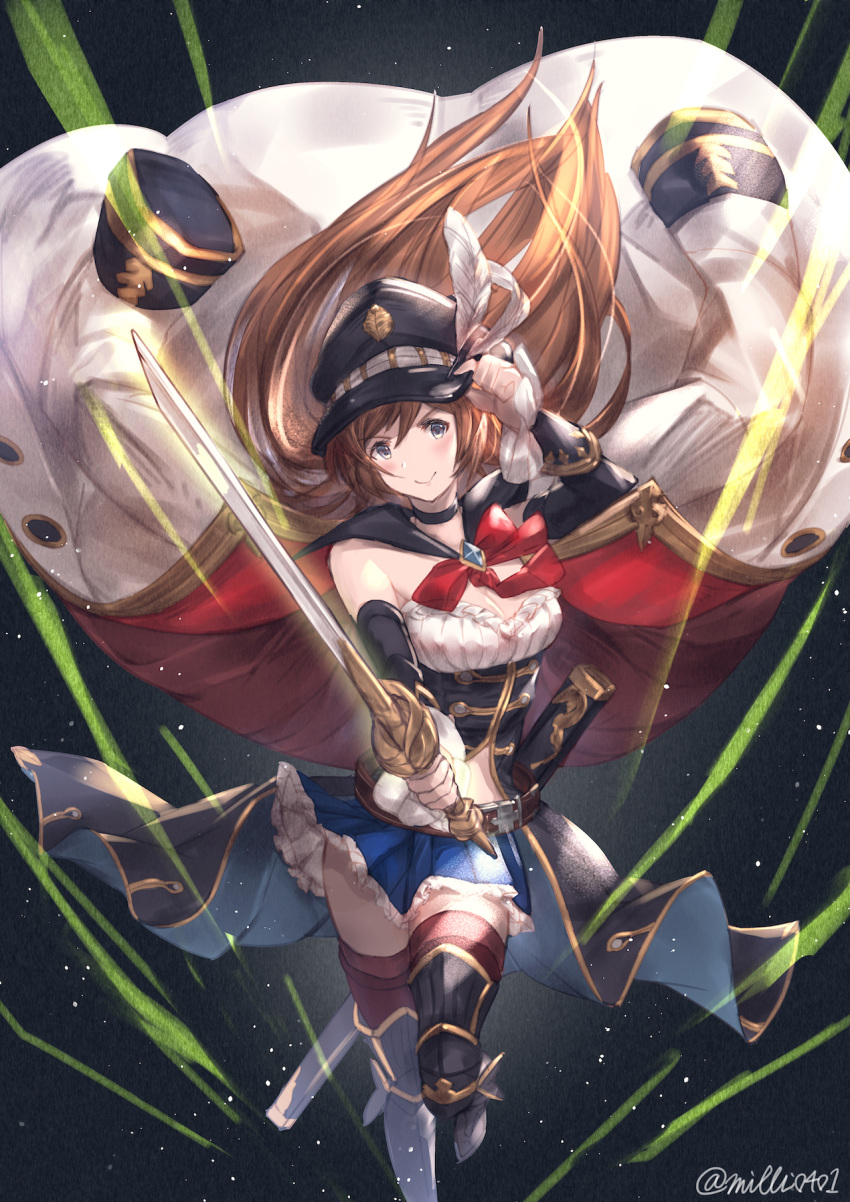 1girl breasts brown_hair choker cleavage detached_sleeves granblue_fantasy hat hat_feather highres jacket_on_shoulders lecia_(granblue_fantasy) long_hair milli_little sheath skirt sword thighhighs twitter_username weapon