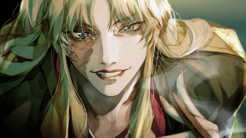 1girl balalaika_(black_lagoon) bangs black_lagoon blonde_hair blue_eyes burn_scar close-up dress eyebrows_visible_through_hair face grin haban_(haban35) jacket_on_shoulders long_hair looking_at_viewer mole mole_under_eye red_dress red_lips scar smile