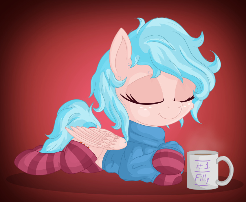 2020 clothed clothed_feral clothing cozy_glow_(mlp) cup digital_media_(artwork) equid equine eyelashes eyes_closed feathered_wings feathers female feral friendship_is_magic hi_res legwear mammal my_little_pony pattern_clothing pattern_legwear pterippus smile solo striped_clothing striped_legwear stripes vito wings