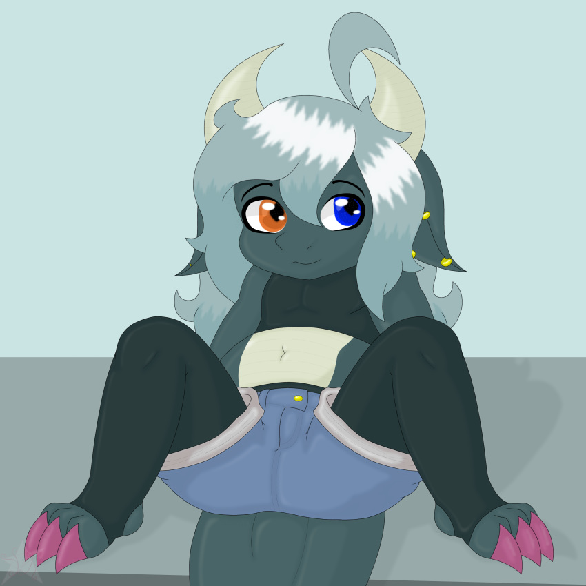 1:1 2020 2_horns 3_toes absurd_res ahoge ambiguous_gender anthro black_bottomwear black_clothing black_shirt black_topwear blue_bottomwear blue_clothing blue_eyes bottomwear butt claws clothed clothing colored_nails countershading crop_top digital_media_(artwork) dragon ear_piercing ear_ring ears_down grey_body grey_hair grey_scales hair happy heterochromia hi_res horn legwear long_hair looking_at_viewer messy_hair nails navel orange_eyes pantyhose piercing pink_claws pivoted_ears scales shirt simple_background sitting slightly_chubby smile solo spread_legs spreading thick_tail thick_thighs toes topwear watermark yasha_(yashak) yashak_(artist) young