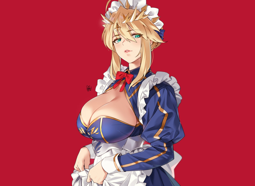 apron artoria_pendragon_(all) artoria_pendragon_(lancer) blonde_hair bow breasts cleavage fate/grand_order fate_(series) green_eyes headdress maid red short_hair signed tiara yang-do