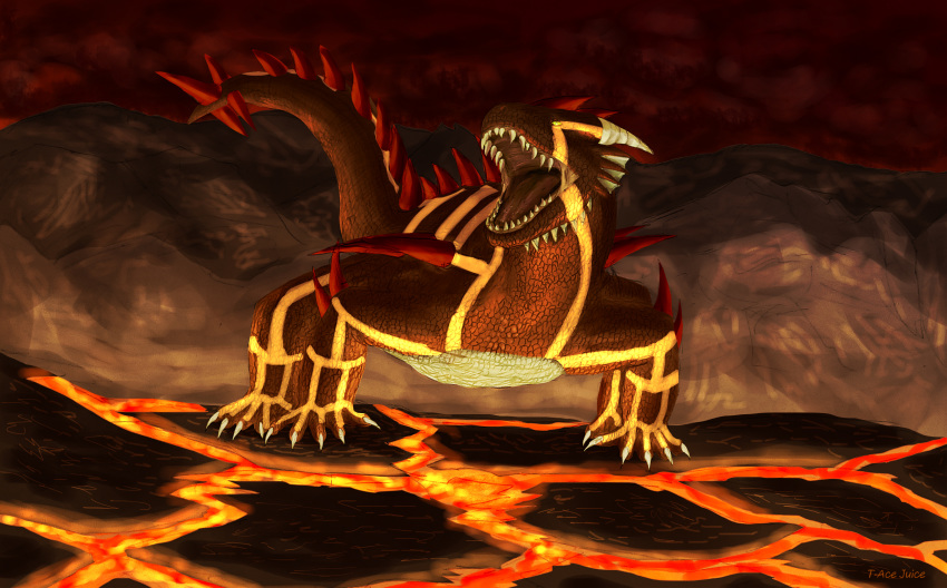 2020 all_fours cythot_(character) detailed_background digital_media_(artwork) dragon feral hi_res lava male mountain open_mouth outside t-ace_juice
