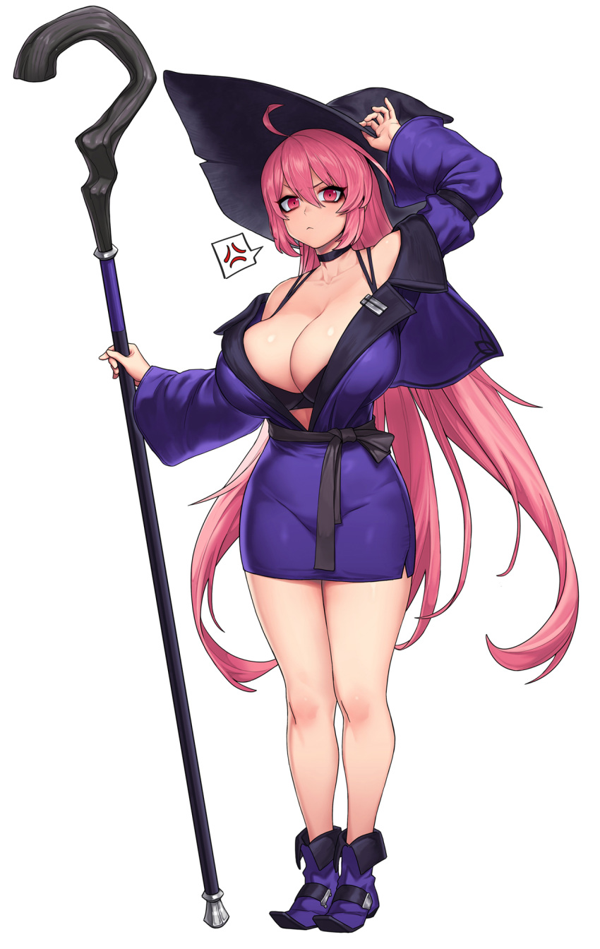 1girl :&lt; absurdly_long_hair adjusting_clothes adjusting_hat ahoge arm_up black_bra black_headwear blue_footwear blush boots bra breasts cain_(gunnermul) cleavage closed_mouth collarbone eyebrows_visible_through_hair full_body hat high_heel_boots high_heels highres holding holding_staff large_breasts long_hair long_sleeves looking_at_viewer original pink_eyes pink_hair solo staff thick_thighs thighs underwear very_long_hair witch_hat