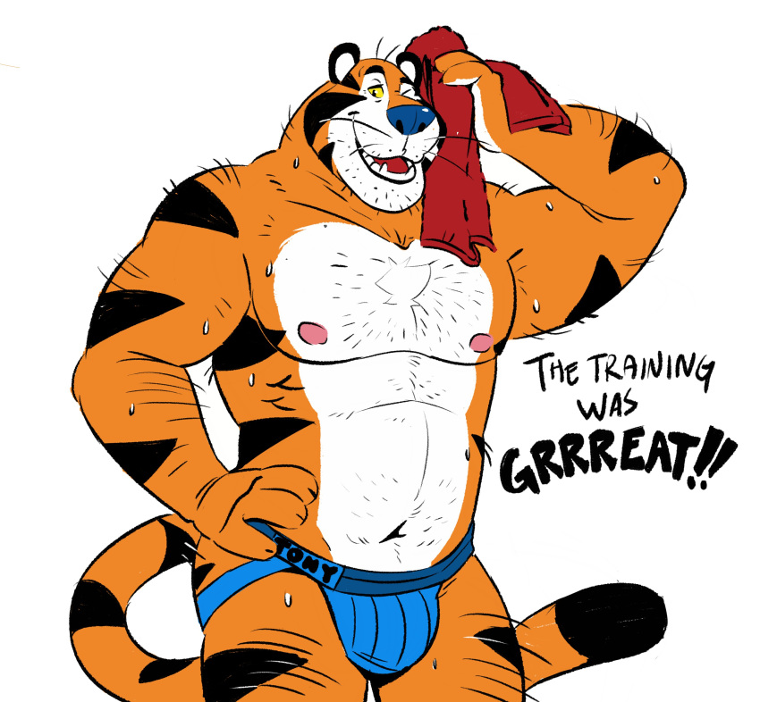 2020 absurd_res anthro barazoku bodily_fluids bulge burrnie clothing english_text felid frosted_flakes hi_res jockstrap kellogg's male mammal mascot muscular muscular_male nipples pantherine simple_background solo sweat text tiger tony_the_tiger underwear white_background