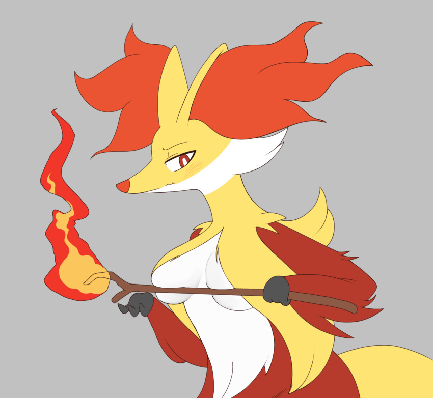 2019 blush boxf breasts canid canine covering_nipples delphox embarrassed female fire fur grey_background hi_res mammal nintendo orange_body orange_fur pok&eacute;mon pok&eacute;mon_(species) red_body red_fur simple_background solo stick video_games white_body white_fur yellow_body yellow_fur