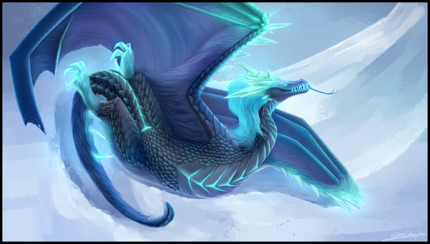 2020 animal_genitalia auroth_the_winter_wyvern blue_body blue_eyes blue_hair claws cloaca day detailed_background digital_media_(artwork) dota dragon female feral genitals glacierdragoon glowing glowing_body glowing_eyes glowing_genitalia glowing_scales hair hi_res horizontal_cloaca horn long_tongue lying membrane_(anatomy) membranous_wings nude outside scales snow solo teeth tongue video_games wings wyvern