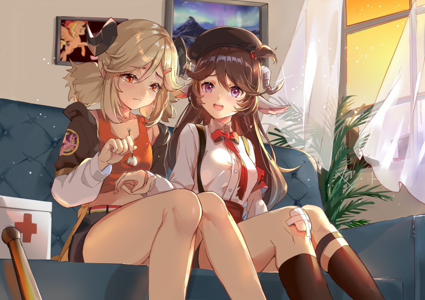 2girls :d animal_ears arknights armband bangs bare_shoulders beret black_headwear black_jacket black_shorts blush bow breasts brown_hair brown_legwear bxr closed_mouth collarbone collared_shirt commentary_request couch crying crying_with_eyes_open curled_horns curtains dress_shirt eyebrows_visible_through_hair eyjafjalla_(arknights) feet_out_of_frame first_aid_kit hair_between_eyes hair_flaps hair_ornament hairclip hat holding_hand horns ifrit_(arknights) indoors jacket kneehighs long_hair medium_breasts multiple_girls off_shoulder on_couch open_clothes open_jacket open_mouth orange_tank_top parted_bangs purple_eyes red_bow red_eyes sheep_ears sheep_horns shirt short_shorts short_twintails shorts sitting smile suspenders tank_top tears transparent twintails very_long_hair white_shirt window