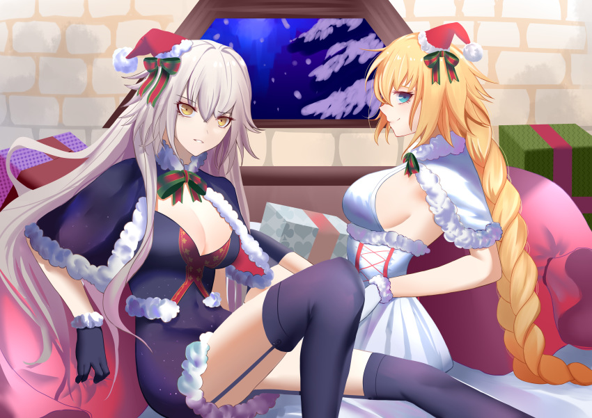 2girls absurdres bed_sheet black_capelet black_gloves black_legwear black_skirt blonde_hair blue_eyes bow box braided_ponytail breasts bustier capelet cleavage closed_mouth fate/apocrypha fate/grand_order fate_(series) fur-trimmed_capelet fur-trimmed_gloves fur-trimmed_hat fur-trimmed_skirt fur_trim garter_straps gift gift_box gloves hair_bow hat highres jeanne_d'arc_(alter)_(fate) jeanne_d'arc_(fate) jeanne_d'arc_(fate)_(all) large_breasts long_hair looking_at_viewer luxia2727 mini_hat miniskirt multiple_girls parted_lips pencil_skirt ponytail red_headwear santa_hat sideboob silver_hair sitting skirt smile striped striped_bow thighhighs very_long_hair white_capelet white_gloves white_skirt yellow_eyes zettai_ryouiki