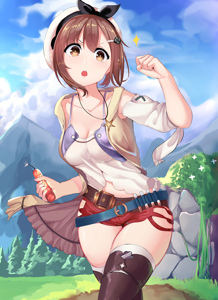 1girl absurdres atelier_(series) atelier_ryza belt blue_sky blush boots breasts brown_eyes brown_footwear brown_hair cleavage clenched_hand cloud cloudy_sky day explosive forest hair_between_eyes hair_ornament hairclip hand_up hat highres jacket jewelry leaning_forward medium_breasts mountain nature necklace off-shoulder_shirt off_shoulder open_mouth outdoors red_shorts reisalin_stout shirt short_hair short_shorts shorts sky sleeveless sleeveless_jacket solo sparkle star star_necklace thigh_boots thighhighs thighs trap_(drthumt) upper_teeth white_headwear white_legwear white_shirt yellow_jacket