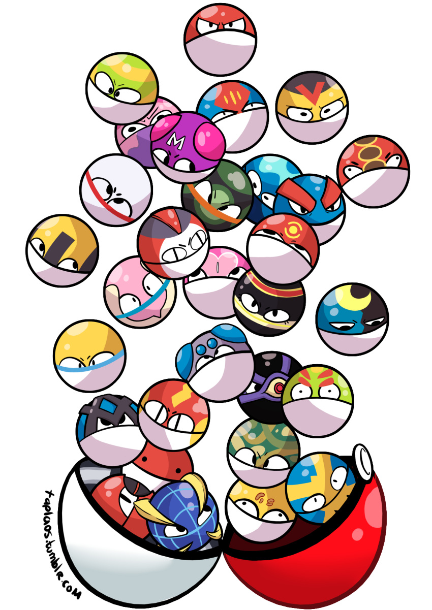 beast_ball cherish_ball clone_ball commentary creature ditto dive_ball dream_ball dusk_ball english_commentary fast_ball friend_ball gen_1_pokemon great_ball gs_ball heal_ball heavy_ball highres looking_at_viewer love_ball lure_ball luxury_ball master_ball moon_ball nest_ball net_ball park_ball poke_ball poke_ball_(generic) pokemon pokemon_(anime) pokemon_(classic_anime) pokemon_(creature) pokemon_m01 premier_ball quick_ball repeat_ball safari_ball simple_background taplaos too_many transform_(pokemon) transformed_ditto ultra_ball voltorb watermark web_address white_background