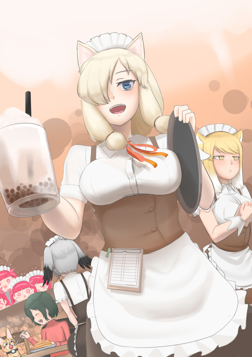 &gt;_&lt; +_+ 6+girls :&lt; ^_^ alpaca_ears alpaca_suri_(kemono_friends) alternate_costume animal animal_ears apron bangs bare_arms black_hair blonde_hair blue_eyes breasts brown_dress bubble_tea buttons cat closed_eyes closed_mouth collared_shirt cup dress drink dutch_angle enmaided eyebrows_visible_through_hair feeding food fox_ears frills green_hair grey_hair hair_over_one_eye hands_up highres holding horizontal_pupils john_(a2556349) kaban_(kemono_friends) kemono_friends looking_at_another looking_at_viewer looking_to_the_side maid maid_apron maid_headdress medium_breasts medium_hair mug multicolored_hair multiple_girls neck_ribbon notepad open_mouth pancake pen red_hair red_neckwear red_ribbon red_sweater ribbon serval serval_(kemono_friends) shirt shoebill_(kemono_friends) short_hair short_sleeves smile solo_focus sweater swept_bangs tibetan_sand_fox_(kemono_friends) tray tsurime turtleneck turtleneck_sweater two-tone_hair underbust waist_apron white_apron white_hair white_shirt wing_collar yellow_eyes