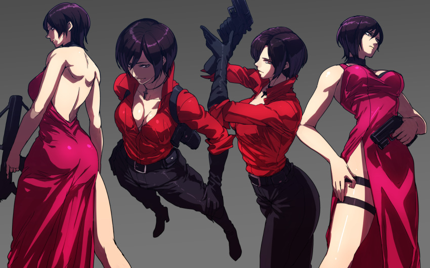 1girl ada_wong bangs banned_artist black_hair bob_cut breasts brown_eyes brown_hair choker cleavage dress gloves gun handgun holster medium_breasts multiple_views pantyhose pistol red_dress resident_evil resident_evil_2 resident_evil_4 resident_evil_6 s_tanly short_hair shoulder_holster solo weapon