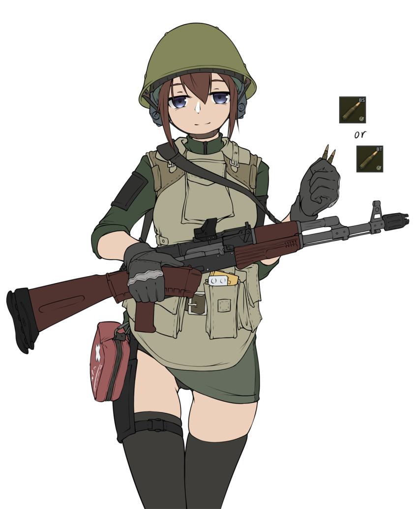 1girl ak-47 armedshipyard assault_rifle blue_eyes brown_hair bullet escape_from_tarkov first_aid_kit gloves gun helmet highres holding holding_weapon load_bearing_equipment looking_at_viewer military panties panty_peek rifle solo thigh_gap thighhighs underwear weapon white_background zettai_ryouiki