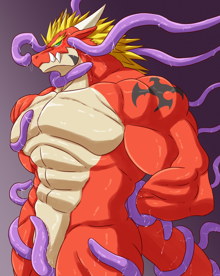 abs anthro biceps broken_(artist) delga dragon green_eyes hands_behind_back hi_res muscular nude pecs purple_tentacles solo tentacles