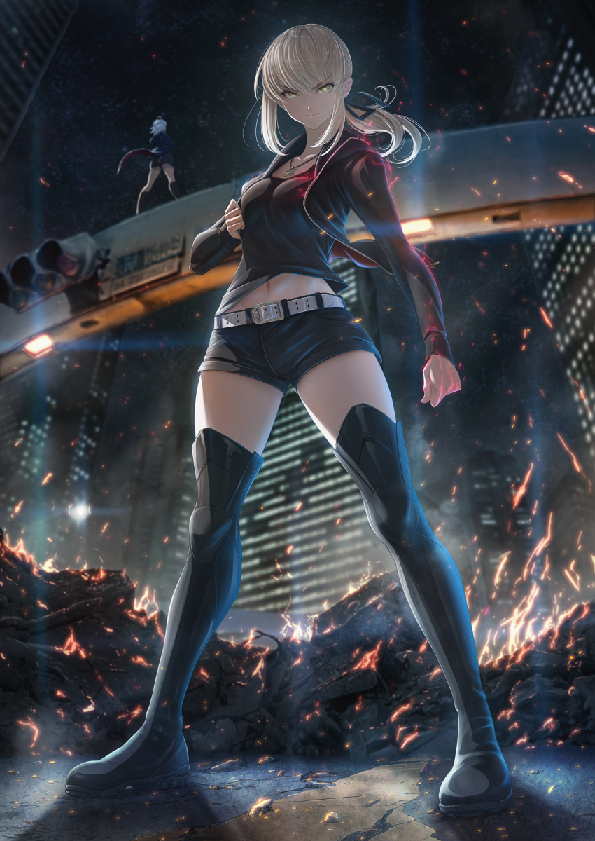 2girls artoria_pendragon_(all) bangs belt black_camisole black_footwear black_jacket black_ribbon black_shorts blonde_hair boots breasts building cityscape cross cross_necklace embers fate/grand_order fate_(series) fire full_body hair_ribbon highres imizu_(nitro_unknown) jacket jeanne_d'arc_(alter)_(fate) jeanne_d'arc_(fate)_(all) jewelry legs long_hair long_sleeves looking_at_viewer low_ponytail multiple_girls navel necklace night night_sky ribbon saber_alter saber_alter_costume_ver._shinjuku_1999 short_shorts shorts sidelocks sky skyscraper solo_focus thigh_boots thighhighs traffic_light white_belt wicked_dragon_witch_ver._shinjuku_1999 yellow_eyes