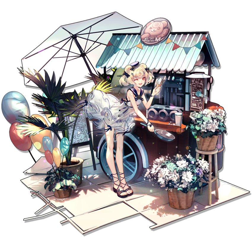arknights cart flower food frying_pan gum_(arknights) highres ice_cream one_eye_closed sandals skade smile strappy_heels swimsuit translucent