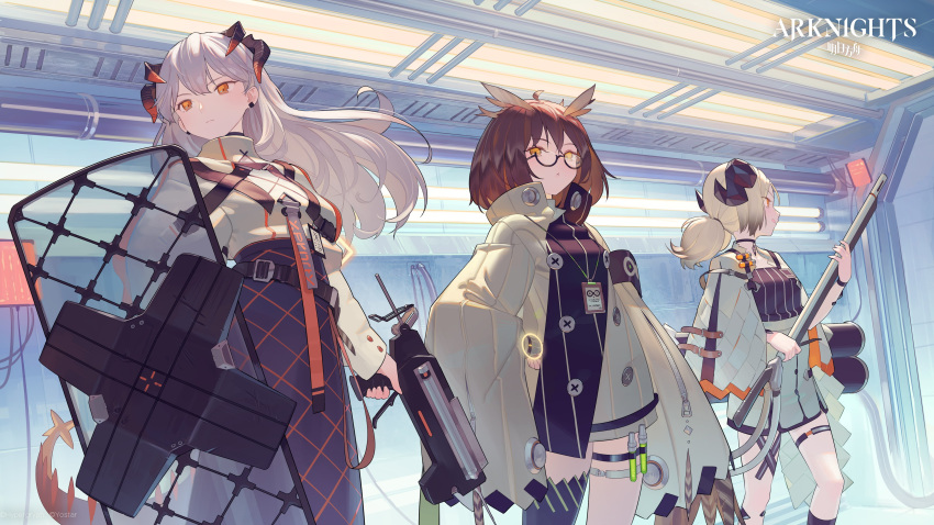 3girls absurdres arknights blonde_hair brown_hair cape dragon_tail dress flamethrower fluorescent_lamp glasses hallway high_collar highres horns ifrit_(arknights) lanyard long_dress multiple_girls pale_skin pipes platinum_blonde_hair saria_(arknights) shield silence_(arknights) singlet tail thigh_strap timbougami twintails vial weapon wire yellow_eyes zipper