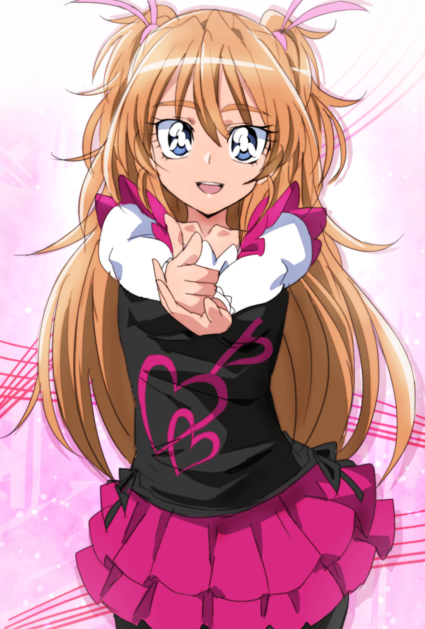 1girl black_legwear blue_eyes eyebrows frilled_skirt frills hair_between_eyes hair_ribbon highres houjou_hibiki long_hair long_sleeves looking_at_viewer manji_(tenketsu) open_mouth orange_hair pantyhose pink_ribbon pink_skirt precure ribbon skirt smile solo suite_precure upper_teeth