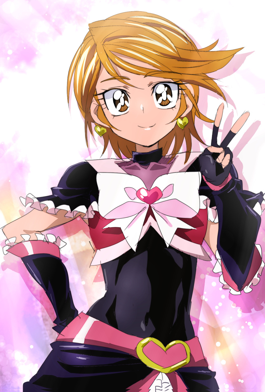 1girl black_gloves bodysuit brown_eyes brown_hair closed_mouth covered_navel cure_black earrings eyebrows_visible_through_hair fingerless_gloves futari_wa_precure futari_wa_precure_max_heart gloves hand_on_hip heart heart_earrings highres jewelry looking_at_viewer magical_girl manji_(tenketsu) misumi_nagisa precure short_hair sketch smile solo v