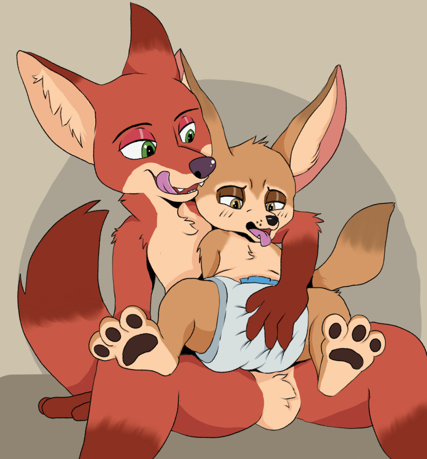 2020 anthro brown_body brown_fur canid canine diaper disney duo fangs fennec finnick fox fur green_eyes hi_res kuuneho male male/male mammal nick_wilde open_mouth orange_body orange_fur pawpads sitting tongue tongue_out touching_diaper zootopia