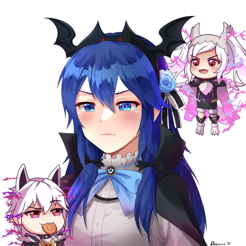 1boy 2girls alternate_costume animal_ears artist_name bangs bat_hair_ornament black_ribbon blue_eyes blue_hair blue_ribbon blush candy cape doiparuni eyebrows_visible_through_hair fake_animal_ears fake_tail fangs fire_emblem fire_emblem_awakening fire_emblem_heroes flower food grima_(fire_emblem) hair_between_eyes hair_flower hair_ornament hair_ribbon halloween_costume highres long_hair lucina_(fire_emblem) multiple_girls official_alternate_costume pout red_eyes ribbon robin_(fire_emblem) robin_(fire_emblem)_(female) robin_(fire_emblem)_(male) shirt symbol_in_eye tail tears twintails white_background white_hair white_shirt