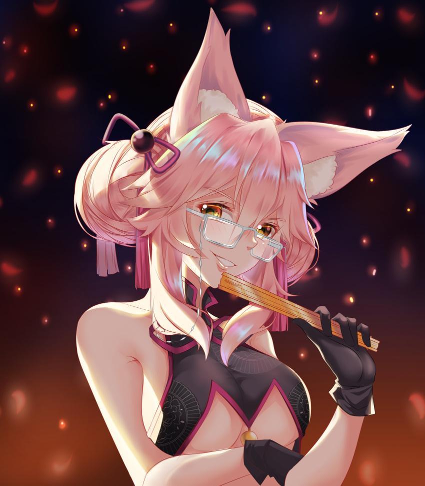 1girl absurdres animal_ear_fluff animal_ears black_gloves blush breasts center_opening china_dress chinese_clothes dress eyebrows_visible_through_hair fan fate/grand_order fate_(series) folding_fan fox_ears fox_girl glasses gloves highres holding holding_fan koyanskaya large_breasts no_bra pink_hair sd4869 sleeve_cuffs solo tamamo_(assassin)_(fate) tamamo_(fate)_(all) underboob white-framed_eyewear yellow_eyes