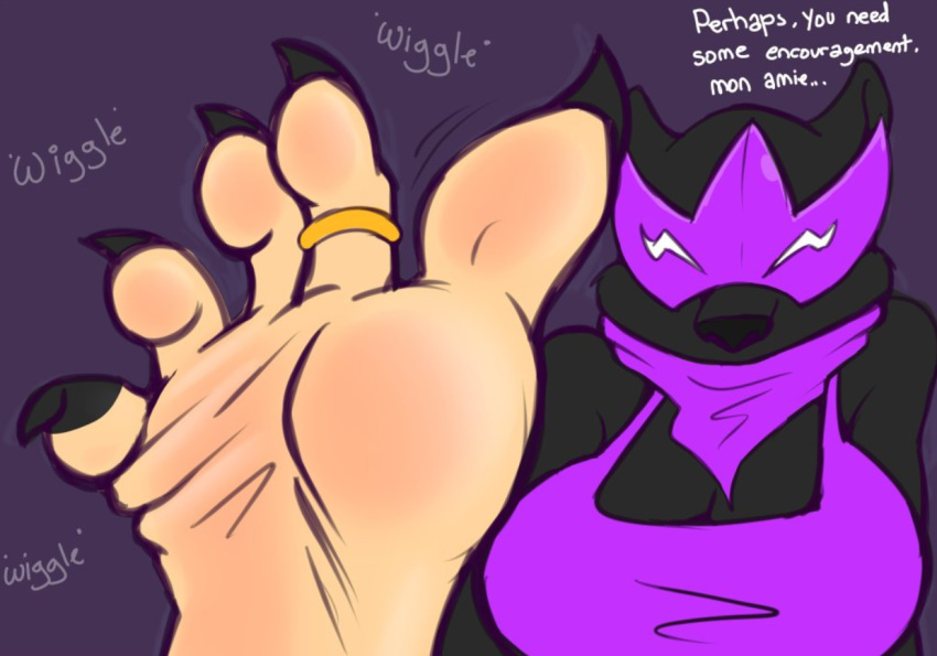 5_toes ambiguous_species black_body black_fur claws digit_ring english_text feet felid female foot_focus fur humanoid_feet jewelry mammal ms._rene&eacute;_l'noire pantherine purple_background ring simple_background soles solo text toe_claws toe_ring toes zp92