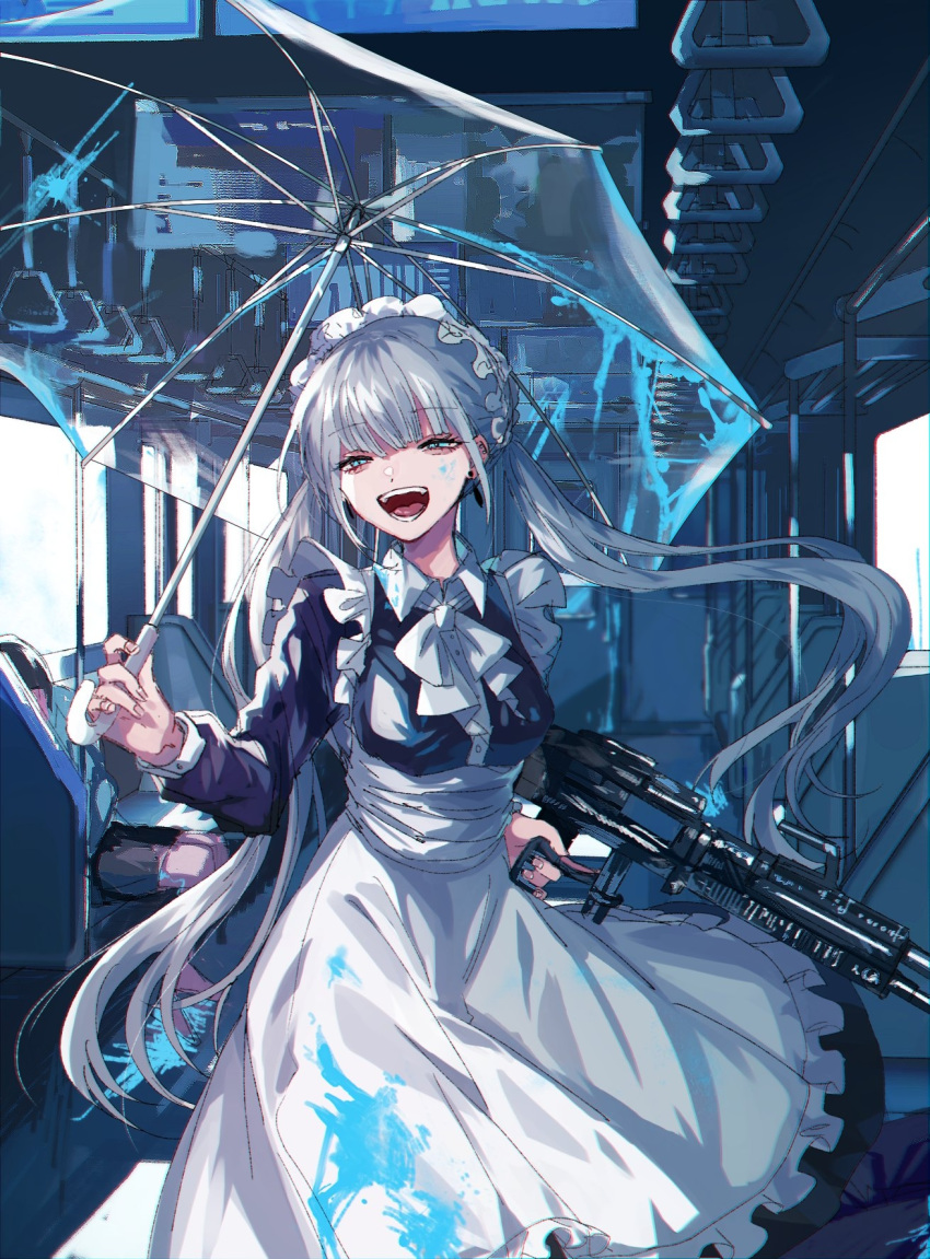 2girls apron aqua_eyes bare_legs billboard black_shorts blood bloody_apron bloody_clothes blue_blood blue_shirt commentary_request corpse danjou_sora death door dress earrings finger_on_trigger firing frilled_dress frills ground_vehicle gun half-closed_eyes head_tilt highres holding holding_umbrella holding_weapon jewelry laughing long_hair long_sleeves looking_to_the_side m240 machine_gun maid maid_apron maid_dress maid_headdress multiple_girls neck_ribbon open_mouth original pole ribbon seat shiny shiny_hair shirt shorts silver_hair solo_focus teeth tongue train train_interior transparent transparent_umbrella twintails umbrella walking weapon white_dress window