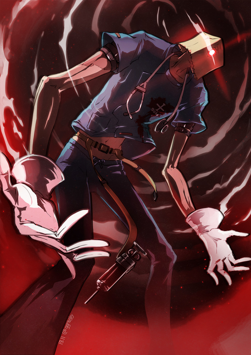 1boy bag bag_over_head belt commentary_request faust_(guilty_gear) from_below ggnbsky gloves glowing glowing_eye guilty_gear guilty_gear_strive highres horror_(theme) male_focus one-eyed paper_bag patchwork_skin red_eyes solo stethoscope strap syringe white_gloves