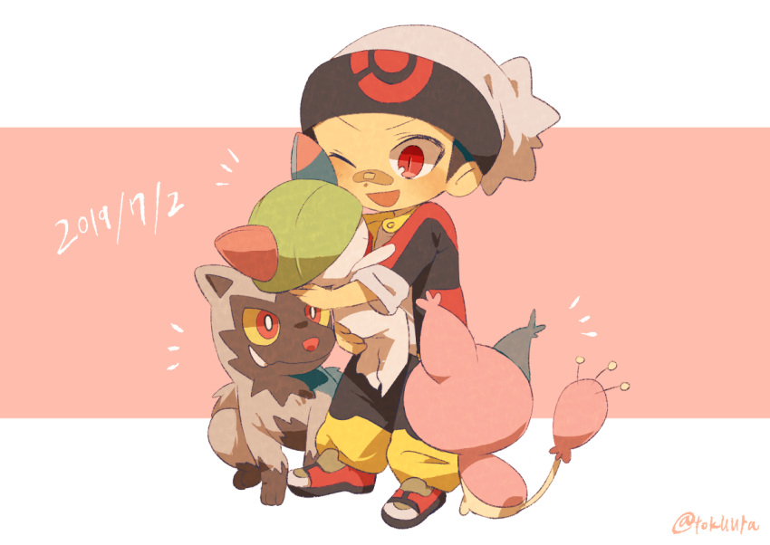 ;d bandaid bandaid_on_face creature dated gen_3_pokemon holding holding_pokemon male_focus one_eye_closed open_mouth pants pokemon pokemon_(creature) pokemon_special poochyena ralts ruby_(pokemon) shoes signature skitty smile tokuura white_headwear