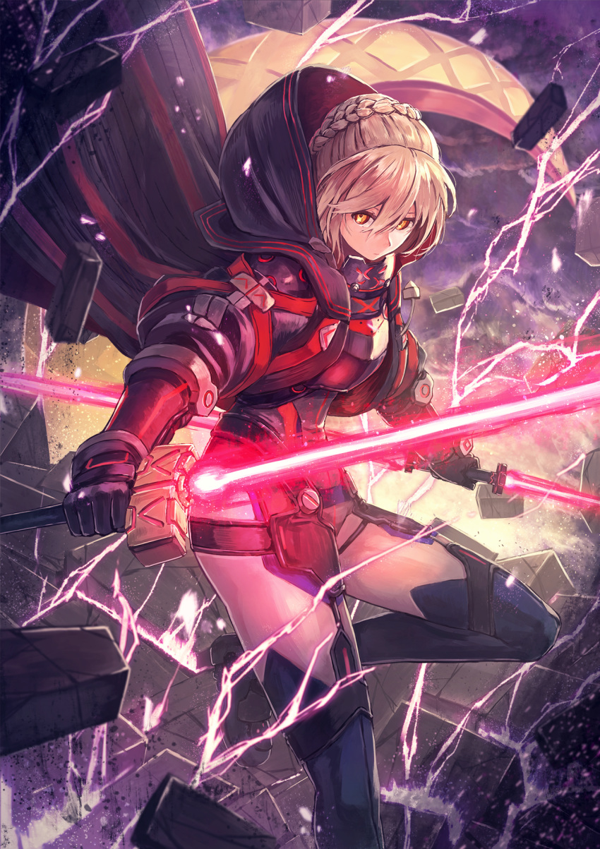 1girl armor armored_boots artoria_pendragon_(all) bangs black_coat black_gloves blonde_hair blue_footwear blurry boots braid breastplate closed_mouth cloud cloudy_sky coat commentary_request cracked_floor depth_of_field destruction double-blade dual_wielding electricity energy_sword excalibur expressionless fate/grand_order fate_(series) french_braid gloves glowing glowing_sword glowing_weapon hair_between_eyes hair_bun highres holding holding_sword holding_weapon hood hooded_coat kuroi_susumu leg_up lightsaber looking_at_viewer multicolored multicolored_eyes mysterious_heroine_x_(alter) open_clothes open_coat outdoors red_eyes revision shiny shiny_hair short_hair sidelocks sky solo stone sword thigh_boots thighhighs weapon wind yellow_eyes