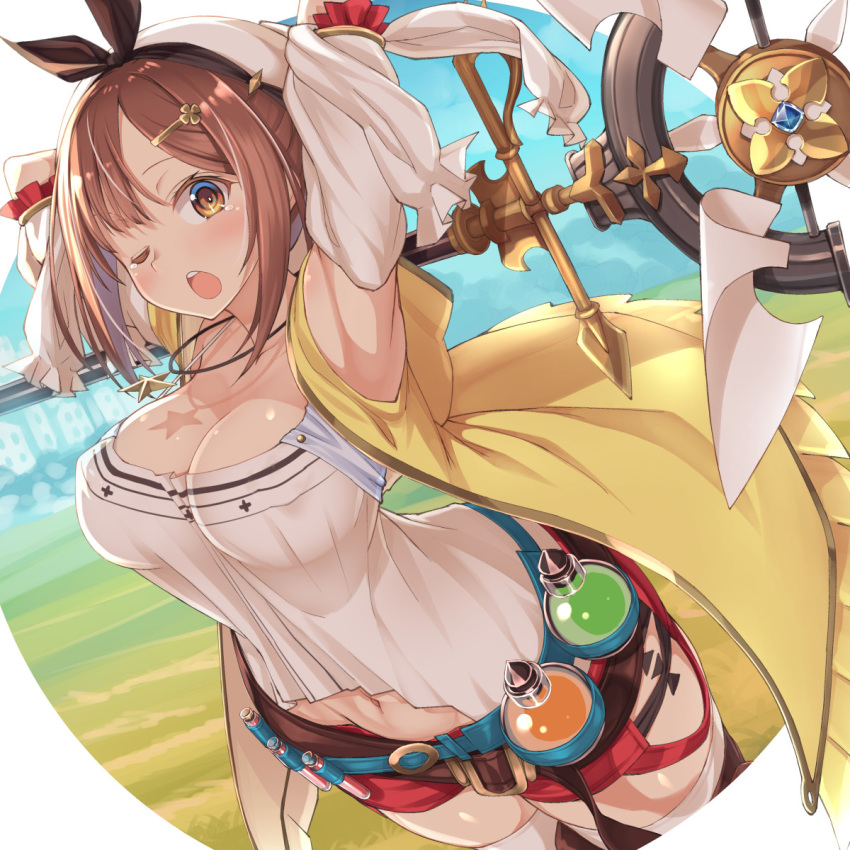 1girl arms_up atelier_(series) atelier_ryza bangs belt blue_belt blush breasts brown_belt brown_eyes brown_hair chihaya_72 cleavage flask hair_ornament hairclip hat highres jacket jewelry large_breasts leather_belt looking_at_viewer navel necklace one_eye_closed open_mouth red_shorts reisalin_stout round-bottom_flask short_hair short_shorts shorts sleeveless sleeveless_jacket solo star star_necklace tears thighhighs upper_body upper_teeth vial white_headwear yellow_jacket