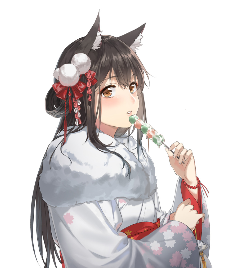 1girl animal_ear_fluff animal_ears bangs black_hair blush bow brown_eyes character_request copyright_request dango feather_boa floral_print food hair_between_eyes hair_bow hair_rings hand_up highres holding holding_food japanese_clothes kimono long_hair long_sleeves looking_at_viewer parted_lips pom_pom_(clothes) qianjingya red_bow red_sash sanshoku_dango sash sidelocks simple_background solo upper_body wagashi white_background white_kimono wide_sleeves wolf_ears