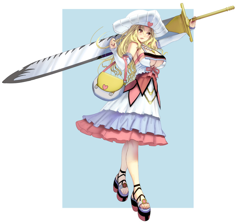 1girl bag blonde_hair blue_background blush border breasts brown_eyes cleavage detached_sleeves dress full_body handbag hat heart highres huge_weapon jewelry large_breasts long_hair looking_away masao messy_hair necklace original outside_border over_shoulder pearl_necklace platform_footwear sandals simple_background sleeveless sleeveless_dress solo sword sword_over_shoulder tongue tongue_out two-tone_background underboob walking weapon weapon_over_shoulder white_border white_headwear