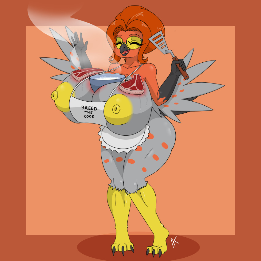 1:1 absurd_res anthro appelknekten apron areola avian beak beef big_breasts bird breasts clothing cooking feathered_wings feathers female food hair hi_res holding_object huge_breasts hyper kitchen_spatula kitchen_utensils mature_female meat nintendo nipples nude open_mouth pok&eacute;mon pok&eacute;mon_(species) rice simple_background smile solo spatula steak talonflame thick_thighs tongue tools video_games wings