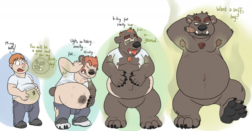 anthro blueballs cigar clothing duo human human_to_anthro male mammal musk nude possession sequence simple_background smelly species_transformation spirit torn_clothing transformation ursid weight_gain
