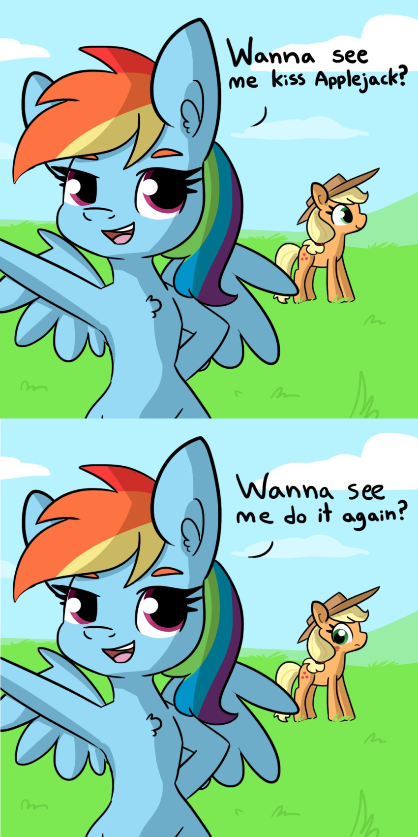 2020 applejack_(mlp) clothing comic cowboy_hat cutie_mark duo earth_pony english_text equid equine female feral friendship_is_magic hair hat headgear headwear hi_res horse looking_at_viewer mammal multicolored_hair my_little_pony outside pony pterippus rainbow_dash_(mlp) rainbow_hair sky text tjpones wings