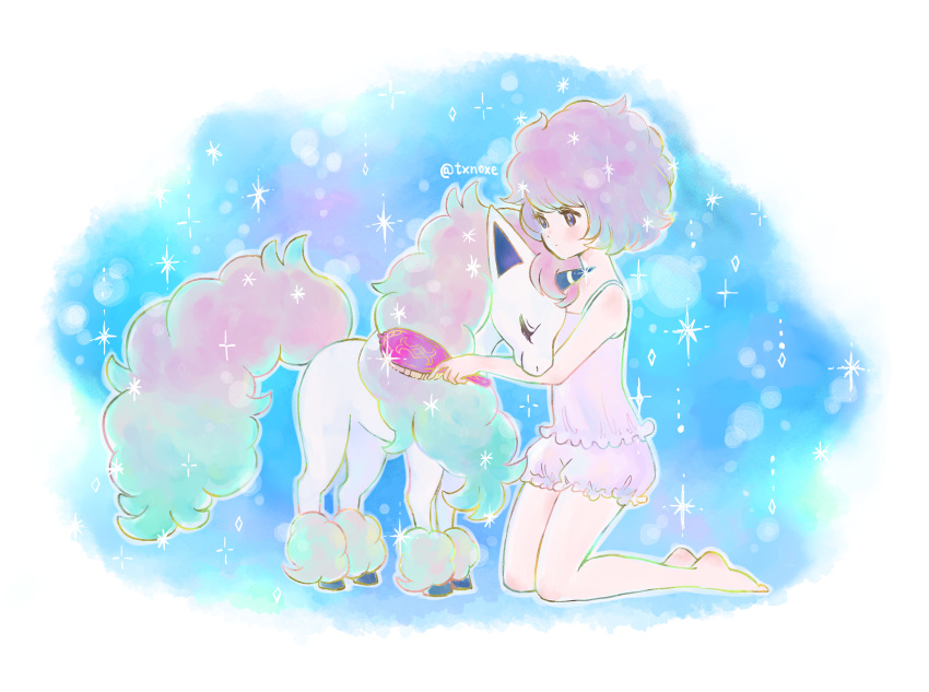 1girl brush commentary_request creature creature_and_personification galarian_form galarian_ponyta gen_8_pokemon hair_brushing highres holding holding_brush horn huiyuan kneeling mane personification pink_hair pokemon_(creature) short_hair signature unicorn