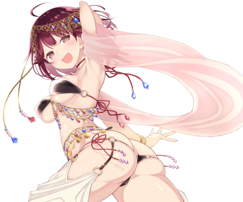 1girl ahoge arabian_clothes arm_at_side arm_behind_head arm_up armpits ass atelier_(series) atelier_sophie bangs belly_chain belly_dancing black_panties blush body_chain bracelet breasts brown_eyes chihaya_72 collarbone covered_nipples dancer dancing eyebrows_visible_through_hair from_side garter_straps hair_between_eyes harem_outfit harem_pants head_chain heart heart-shaped_pupils jewelry looking_at_viewer lowleg lowleg_panties medium_breasts medium_hair neck_ribbon o-ring o-ring_bottom o-ring_bra o-ring_panties o-ring_top panties pants red_hair red_ribbon ribbon shawl simple_background skindentation solo sophie_neuenmuller symbol-shaped_pupils thick_thighs thighs underboob underwear white_background