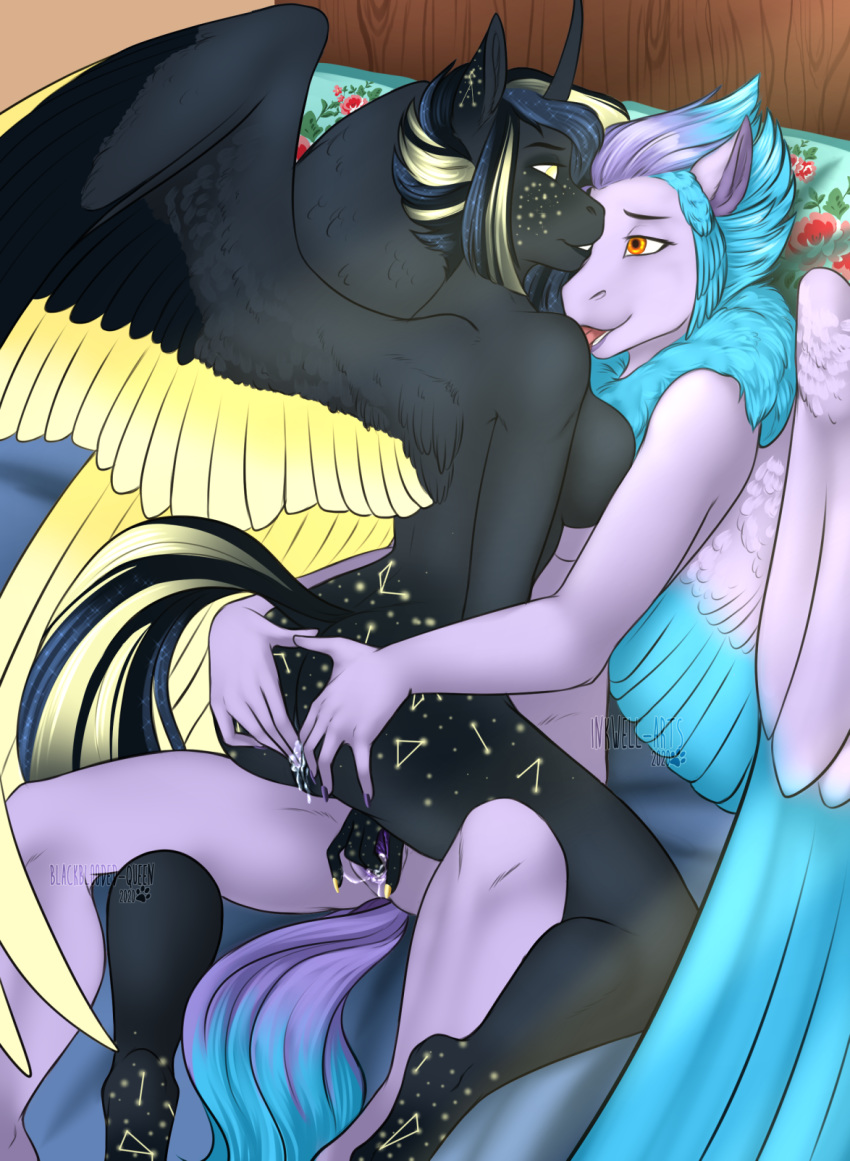 anthro astral_umbra bed blackblood-queen bodily_fluids breasts butt dock duo empyrea equid equine fan_character female female/female fingering fingering_partner furniture genital_fluids hi_res horn lidded_eyes mammal mutual_masturbation nude pterippus pussy_juice sex smile tongue tongue_out winged_unicorn wings