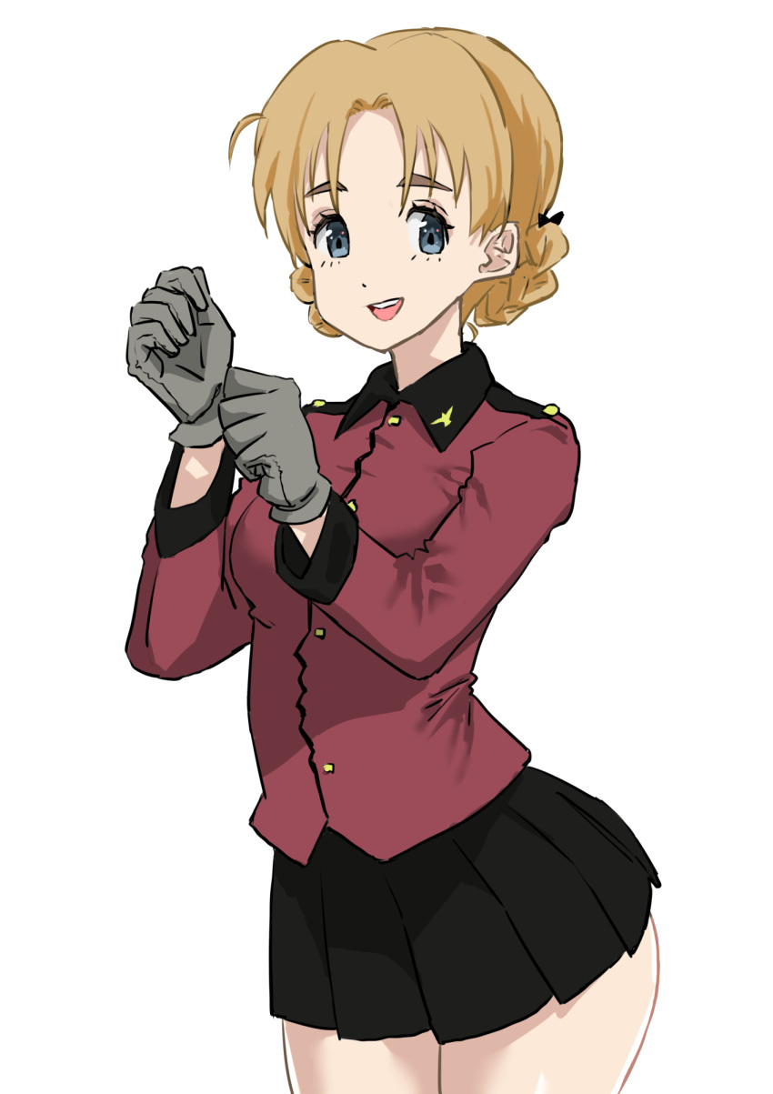 1girl bangs black_bow black_skirt blue_eyes bow braid commentary cowboy_shot epaulettes girls_und_panzer gloves grey_gloves hair_bow highres insignia jacket long_sleeves looking_at_viewer military military_uniform miniskirt open_mouth orange_hair orange_pekoe_(girls_und_panzer) parted_bangs pleated_skirt red_jacket short_hair simple_background skirt smile solo st._gloriana's_military_uniform standing tied_hair uniform white_background yamano_rita