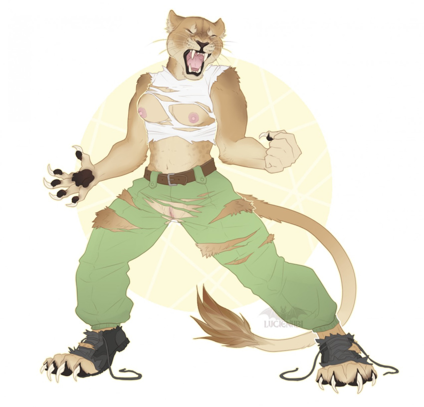 bloody_roar breasts clothing felid female genitals growth hi_res january lion lucieniibi mammal pantherine pussy rippage solo torn_clothing transformation were werefelid werelion werepantherine