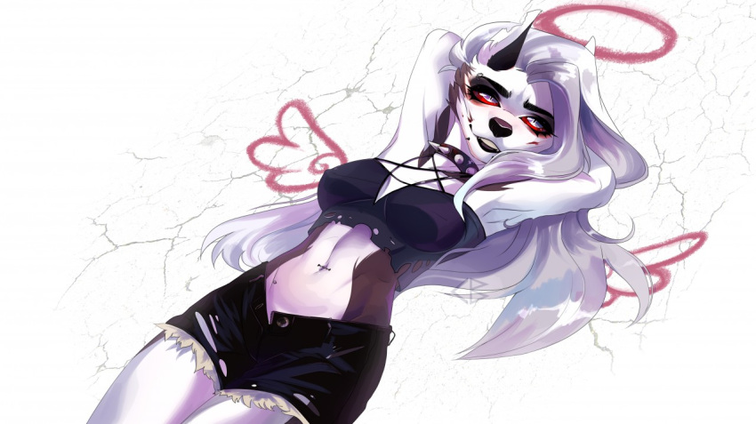 2020 breasts canid canid_demon canine clothing codyblue-731 collar demon female hair hellhound helluva_boss long_hair looking_at_viewer loona_(vivzmind) mammal pentagram piercing red_sclera spiked_collar spikes torn_clothing