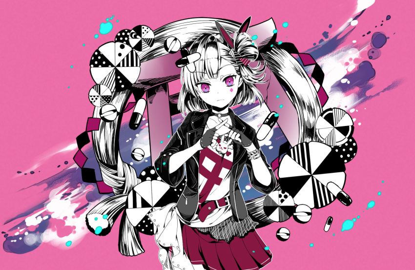 1girl bati15 belt black_jacket bracelet choker cowboy_shot crack diamond_(symbol) facial_mark fingerless_gloves gloves highres jacket jewelry looking_at_viewer medium_skirt one_side_up open_clothes open_jacket parody pill pink_background pink_eyes pleated_skirt purple_skirt rope shimenawa shirt short_hair skirt style_parody tenjin_kotone tenjin_kotone_(channel) torii venom_(vocaloid) virtual_youtuber x_fingers