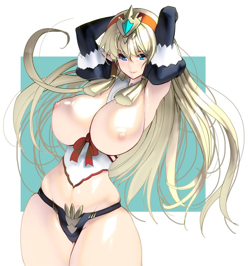 1girl aqua_background armpits arms_up bangs black_panties blonde_hair blue_eyes border bow breasts cleavage commentary corset cowboy_shot curvy elbow_gloves elf eyebrows_visible_through_hair gloves hair_ornament highres large_breasts long_hair masao nipples orange_headband original panties pointy_ears red_bow red_ribbon ribbon skindentation underwear white_border