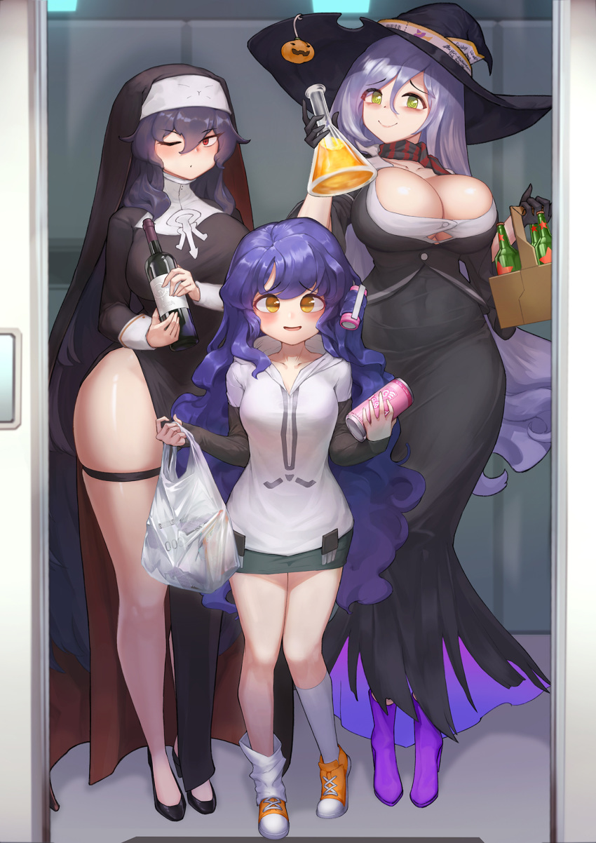 3girls @_@ al_bhed_eyes alcohol bag bags_under_eyes beaker beer black_gloves black_skirt blue_hair blue_skirt blush breasts check_commentary circe_(last_origin) cleavage commentary commentary_request connector_yumi dress eyebrows_visible_through_hair full_body gloves green_eyes grocery_bag habit hair_between_eyes hat headwear high_heels highres hood hoodie hoyo huge_breasts last_origin long_dress long_hair long_skirt multiple_girls nun open_mouth partial_commentary red_eyes shoes shopping_bag side_slit skirt smile sneakers taut_clothes taut_dress veronica_type-asc very_long_hair wine witch witch_hat yellow_eyes