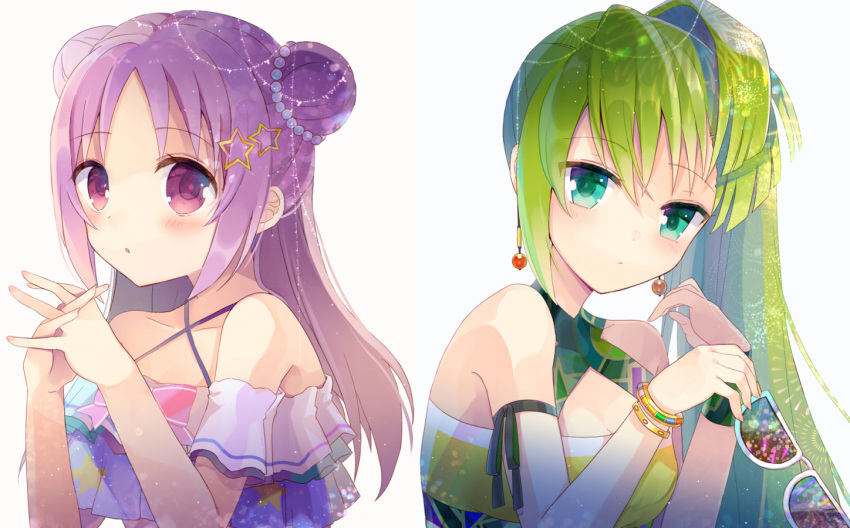 2girls alina_gray bangs bare_shoulders blush closed_mouth commentary_request criss-cross_halter double_bun earrings eyebrows_visible_through_hair eyewear_removed green_eyes green_hair hair_between_eyes hair_ornament halterneck hands_clasped hands_up holding holding_eyewear jewelry long_hair looking_at_viewer magia_record:_mahou_shoujo_madoka_magica_gaiden mahou_shoujo_madoka_magica misono_karin multiple_girls own_hands_together parted_bangs parted_lips purple_eyes purple_hair shikino_(sikinonono) simple_background star star_hair_ornament sunglasses very_long_hair white-framed_eyewear white_background