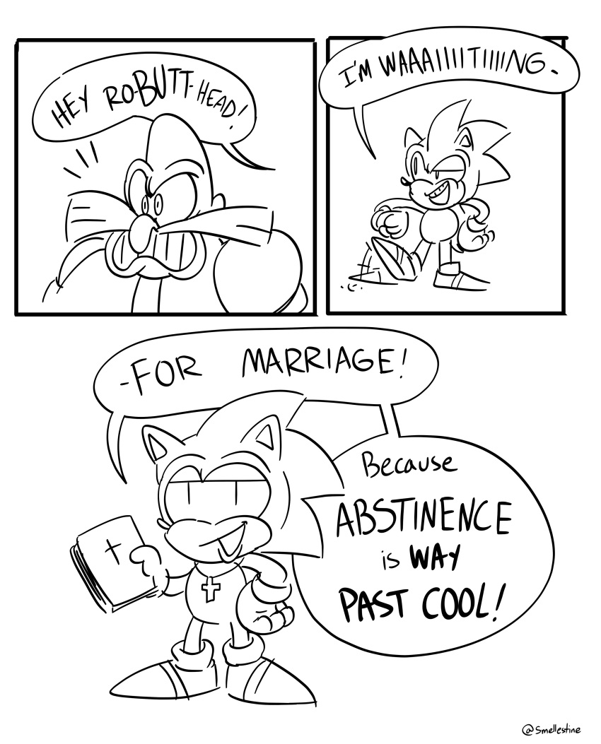 absurd_res bible black_and_white christianity comic dr._eggman english_text facial_hair hi_res human humor looking_at_viewer male mammal monochrome mustache religion smellestine sonic_the_hedgehog sonic_the_hedgehog_(series) text