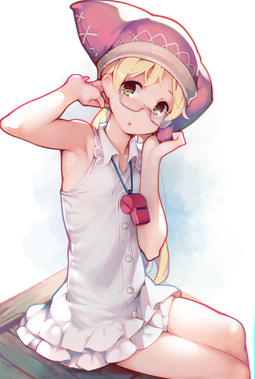 1girl :o absurdres arm_up armpits ataruman blonde_hair collared_shirt commentary_request dress glasses gradient gradient_background hand_on_headwear highres long_hair looking_at_viewer made_in_abyss miniskirt parted_lips pink_headwear riko_(made_in_abyss) semi-rimless_eyewear shirt sitting skirt sleeveless sleeveless_dress sleeveless_shirt solo under-rim_eyewear whistle whistle_around_neck white-framed_eyewear white_background white_skirt